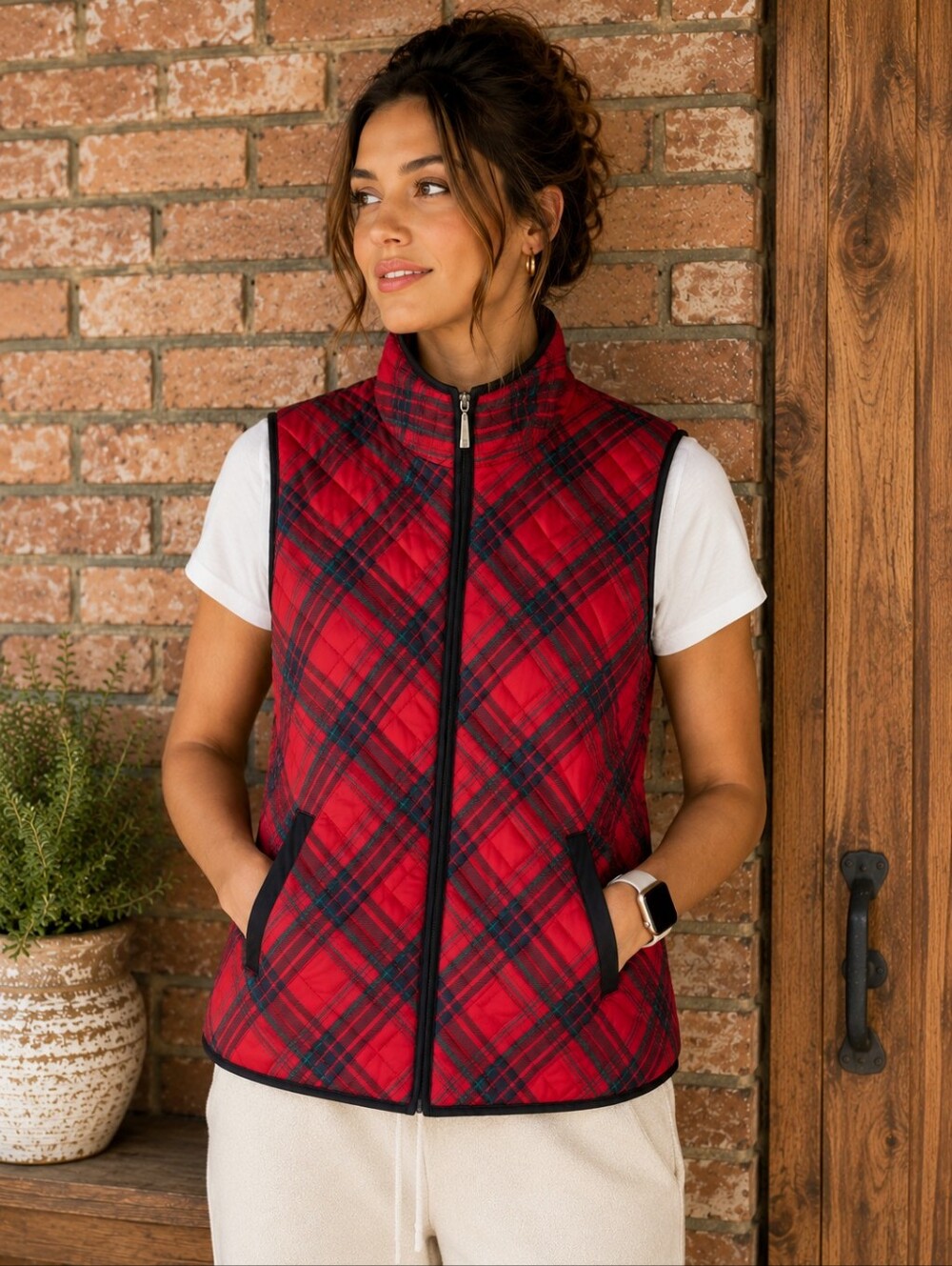 Karen Scott Sport Red Plaid Quilted Puffer Vest 1X Buffalo Check Preppy